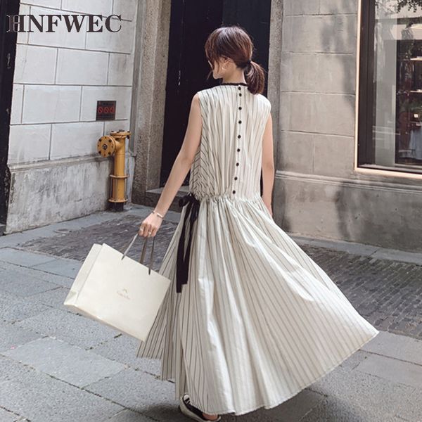 

korean drawstring ruched dress women o neck sleeveless tank tunic lace up bowknot plus size maxi dresses female 2020 t712, Black;gray