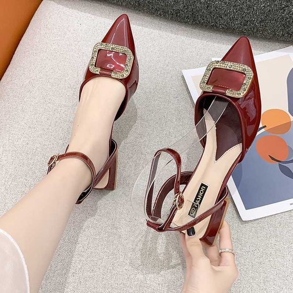 

crystal buckle low heels women elegant slingback sandals summer pointed toe sandals women shallow pumps red beige 2020, Black