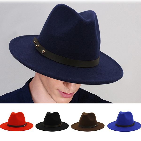 

vintage wide brim fedora hats flat curved trim dance simplicity classic jazz cap performance stage trilby#p5, Blue;gray