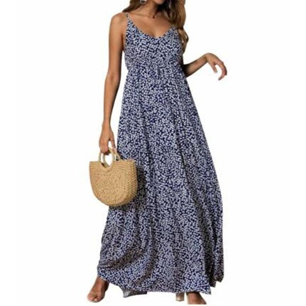 

women v neck floral print long dress sling dress bohemia style vintage summer sleeveless beach maxi casual sundress, Black;gray
