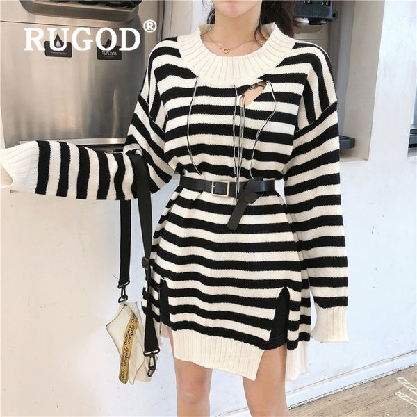 

rugod new autumn women's sweater pull o neck stripe pattern hole split loose knitted pullovers fashion female long, White;black