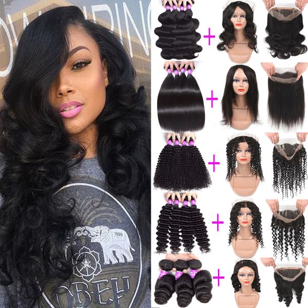 

9а индийские виргинские волосы с 360 кружева фронтальная закрытие рыхлый глубокий волна дешевые человеческих волос weave 3bundles с кружевом, Black