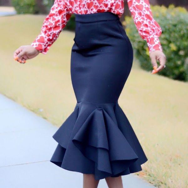 

women bodycon mermaid skirt high waist slim ruffles package hip tight classy saias jupes falads elegant femme drop shipping, Black