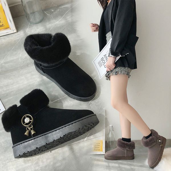 

w- winter snow boots female thick warm ankle boots student flat bottom slip short cotton low outdoor shoes women, Black