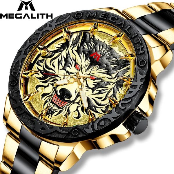 

megalith fashion mens watches wolf head embossed wristwatch quartz clock watch men waterproof relogio masculino, Slivery;brown