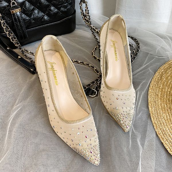 

rhinestone mesh breathable stilettos 2020 pointed toe fashion pumps ladies high heel slip on women shoes tacones, Black