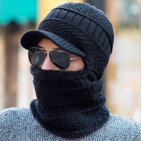 

balaclava men scarf knitted hat bonnet baggy warm mask winter hats for men women fleece lined skullies beanies, Blue;gray