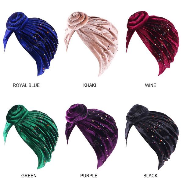 

women muslim turban hat colorful beaded flower turban muslim velvet banana cap headscarf turbante hair loss cover accessories, Blue;gray