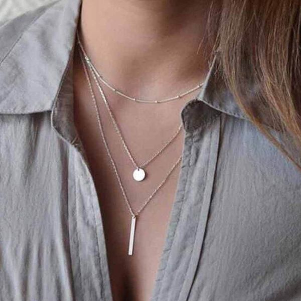 

ailend 2017 women's fashion jewelry colar 1pc european simple gold silver plated multi layers bar coin necklace clavicle chains