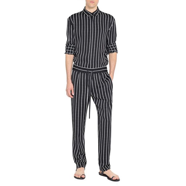 

spring and autumn new korean version of the tide male vertical striped jumpsuit overalls jumpsuit large size elastic wa, Black