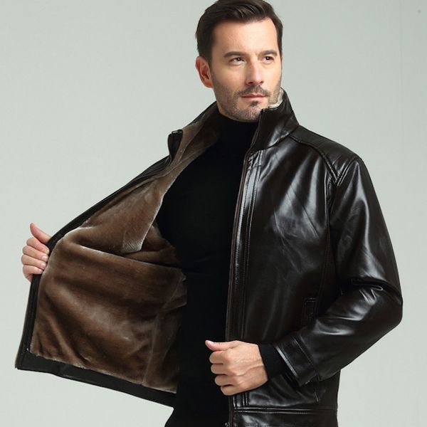 

mens leather jackets jackets and coats thickening faux leather jacket men keep warm men fur coat faux fur coat, Black