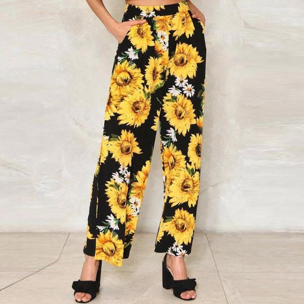 

2020 women sunflower loose pants lady fashion wide leg pants home long trousers cargo trousers women, Black;white