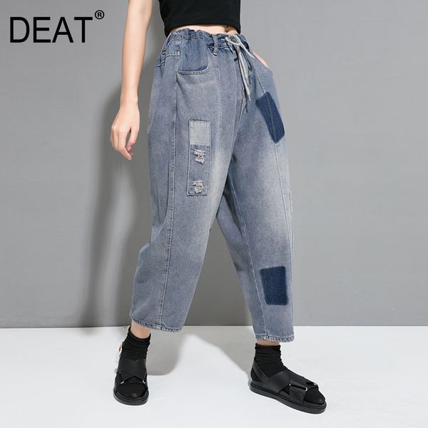 

deat] 2019 new spring summer high waist loose gray denim hit color split joint wide leg jeans women trousers fashion tide jw06, Blue