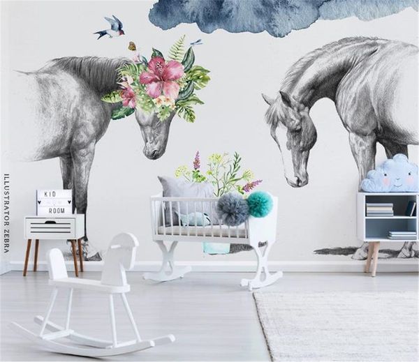 Foto 3D-Tapete, nordisches kreatives Blumen-Schwarz-Weiß-Paar-Pferd, einfache Atmosphäre, Tapete