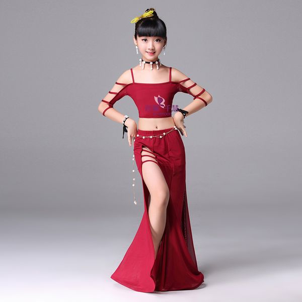 

children's belly dance practice suit 2019 new women kid professional oriental dance performance long costumes h4522, Black;red