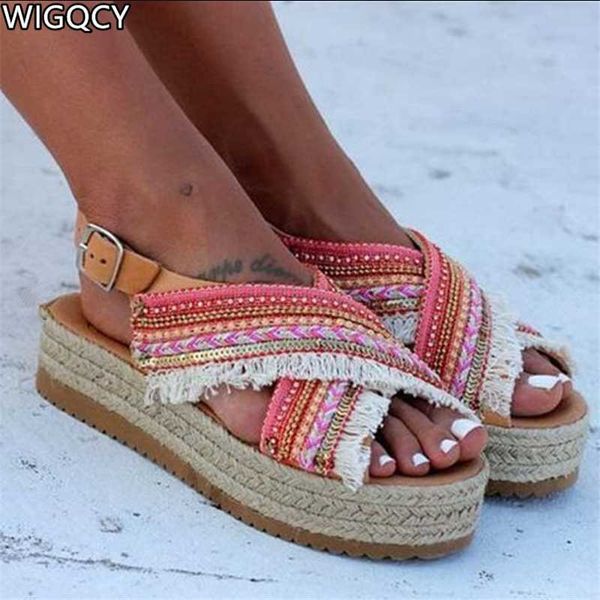 

sandals women 2020 fashion new buckle open toe sandals bohemian straw platform sandalias large size de verano para mujer d553, Black