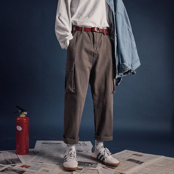 

4 colors men loose casual big pocket cargo pants loose straight trousers japan streetwear hip hop harem pant sweatpants, Blue