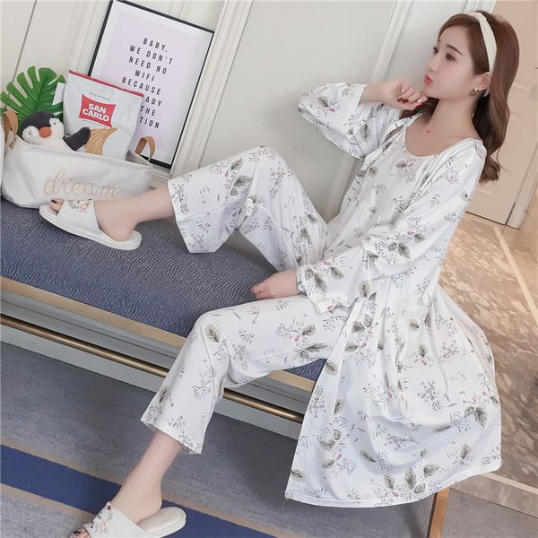 

3pcs pajamas sets for women spring long sleeve vintage robes pyjama home clothing homewear loungewear gifts three piece set, Black;red