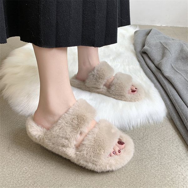 

enplei women winter house fuzzy slippers fur fashion warm shoes woman slip on flats female furry slides cozy home size 35-40, Black