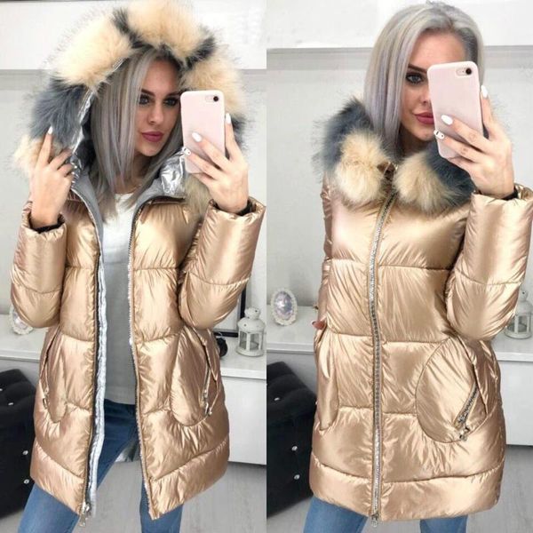 

big fur hooded jacket women winter coat female glossy casual long jackets cotton padded parka manteau long femme hiver, Black