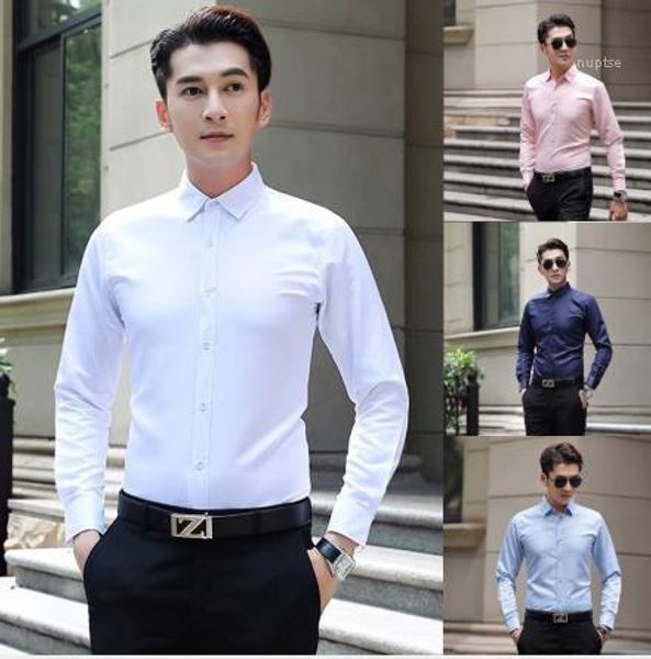 

lapel neck fashion mens designer shirt slim solid color long sleeve shirts casual business male apparel, White;black