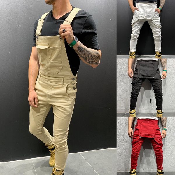 

2019 high street pockets jeans men fashion slim fit denim jumpsuits modish strap overalls casual suspender distressed jeans pant, Blue