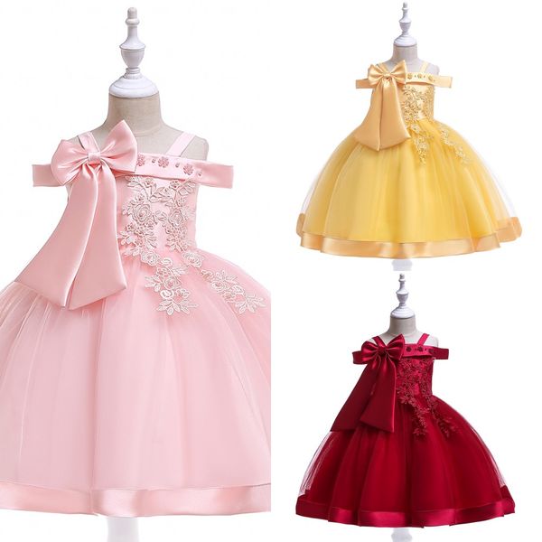 2020 Günstige rosa rote Spitze Blumenmädchenkleider kalte Schulter Perlen Schleife Applikation Partykleid Kinder Kleinkind Erstkommunion Kleid für Hochzeit