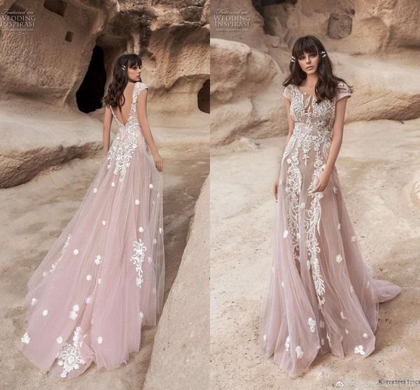 

3d цветы boho свадебное платье 2020 кружева пляж румяна розовые свадебные платья с коротким рукавом аппликации спинки vestido de noiva, White