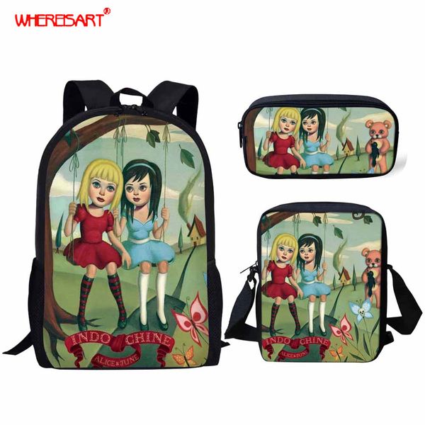 

whereisart indochine alice & june pattern school bags for girls, 3pcs/set backpacks with pencil bags,portfolio bookbag satchel