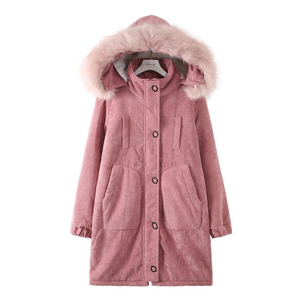 

увеличенный зима парок женщина вельвет куртки стекается толстым теплый верхняя одежда мехового воротник с капюшоном пальто зимы плюс размеро, Black