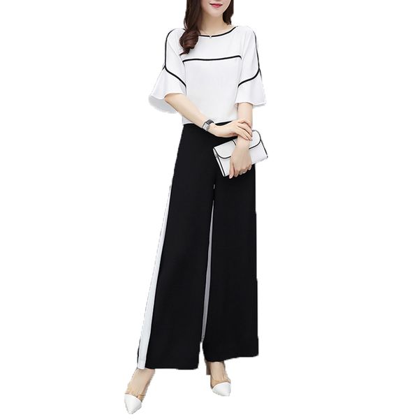 

2019 new summer women suits chiffon shirt+long trousers sets lady two pieces elegant chiffon blouse and wide leg pant suits sets, White