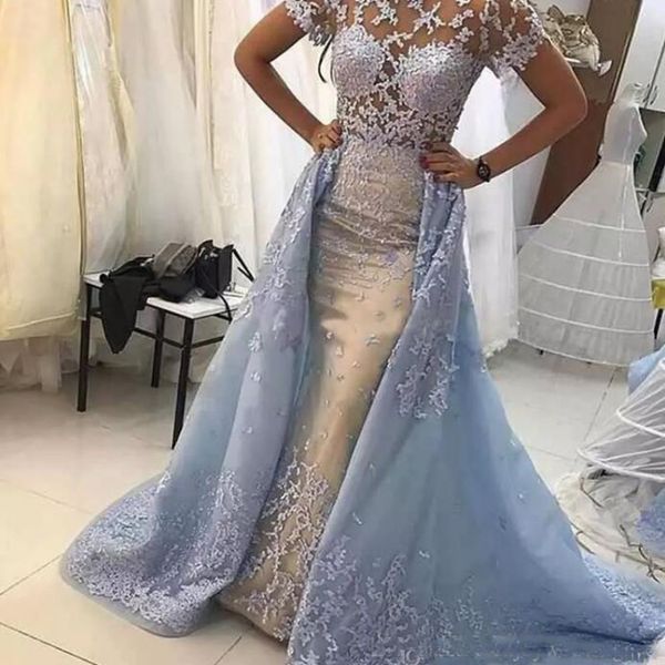 

Light Sky Blue Lace Mermaid Wedding Dresses Illusion Bodices Short Sleeves Lace Appliques Bridal Gowns with Overskirts Wedding Gowns