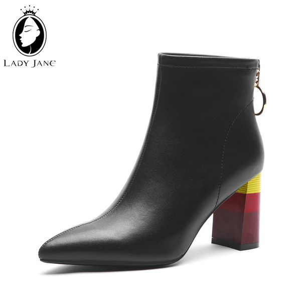 

lady jane stylish colorful heels autumn winter shoes pointed toe cow leather high heel casual all match dating ankle boots 2019, Black