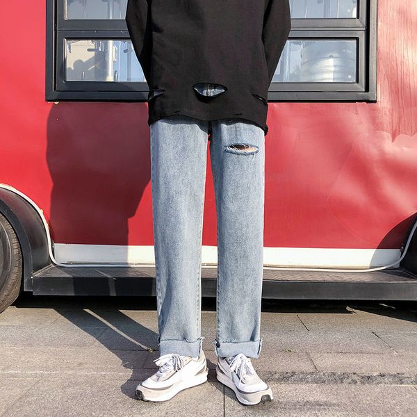 

men's jeans summer ripped fashion retro casual straight men streetwear wild loose hip-hop hole denim trousers mens -2xl, Blue
