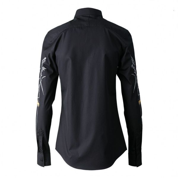 

flower embroidery fashion men shirt long sleeve black white casual slim shirt spring summer dress formal camisa masculina, White;black