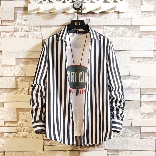 

2019 man fashion strip shirt streetwear men long sleeve cotton shirt men clothes slim fit casual male social british style, White;black