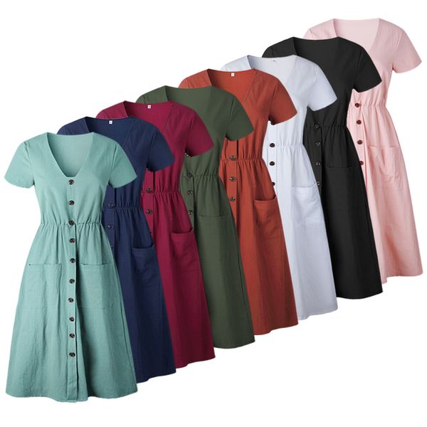 

летние старинные платья хлопка женщин туники v-образным вырезом с коротким рукавом твердые розовые платья миди карман случайные vestidos жен, Black;pink