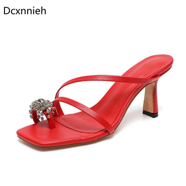 

new red 2020 women summer open toe thin heel sandals fashion crystal rhinestones beach flip flops slip on outside slides shoes, Black