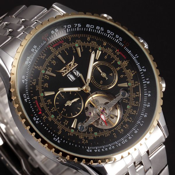 

jaragar brand men's automatic watch fashion mechanical watches men stainless steel strap skeleton sport watch men, Slivery;brown