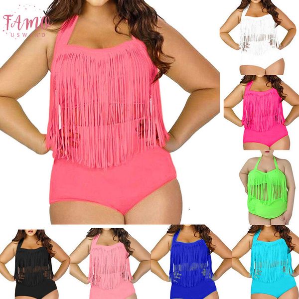 

chamsgend womens large size swimwear high waist tassel swimwear beachwear solid color fashion swimsuit two piece swimsuit, White;black