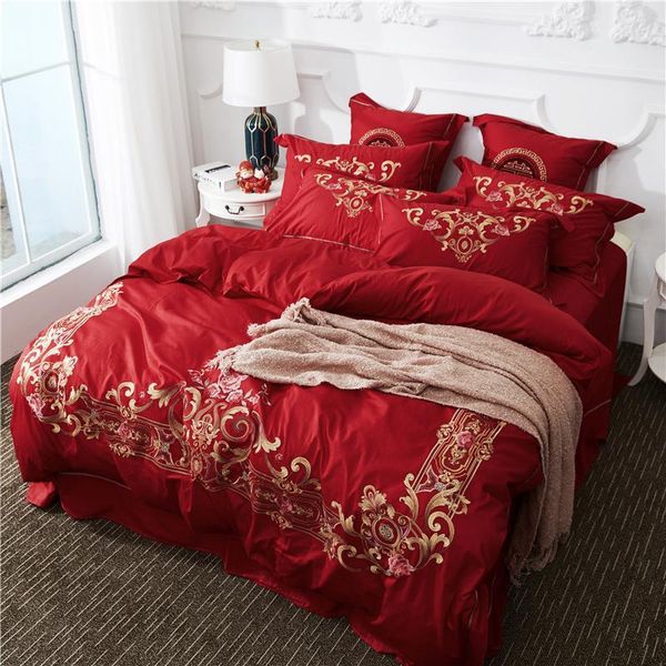 

100% cotton classic red wedding bedding set embroidery duvet cover bed sheet pillowcases  king size 4/6pcs