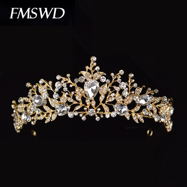 

leaf shape fashion crown hand-set rhinestone crystal gold silver headdress travel bride pgraphy hair accessories, Golden;white