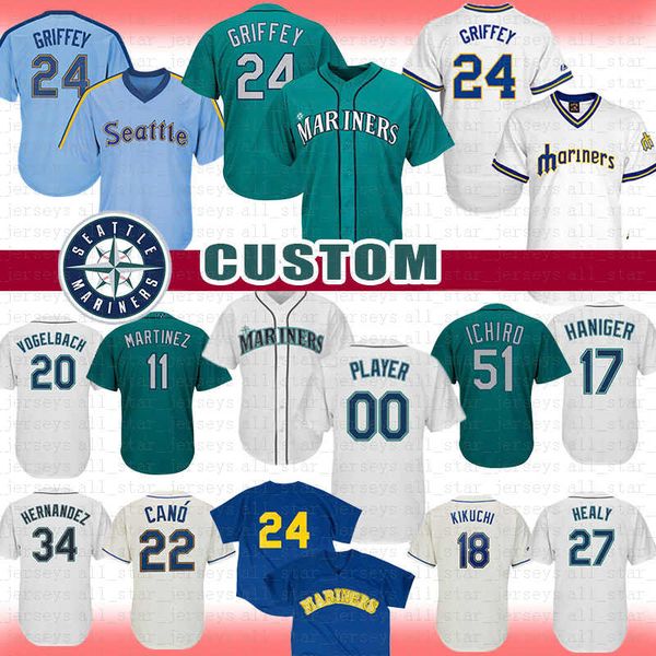 

Seattle 24 Ken Griffey Jr. Cutsom Mariners Baseball Jersey Ichiro Suzuki Martinez Haniger Vogelbach Hernandez Kikuchi Cano Buhner Healy p1