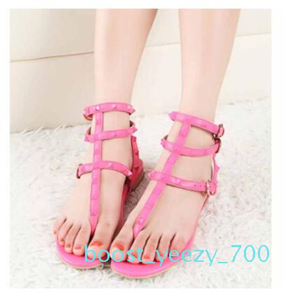 

size 34-42 rainbow color gladiator sandals women rivets flip flops t strap-sandals ankle belt roman shoes b70, Black