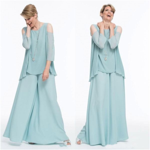

mint green chiffon mother of the bride pants suits scoop neck wedding guest dress floor length long sleeve evening gowns, Black;red