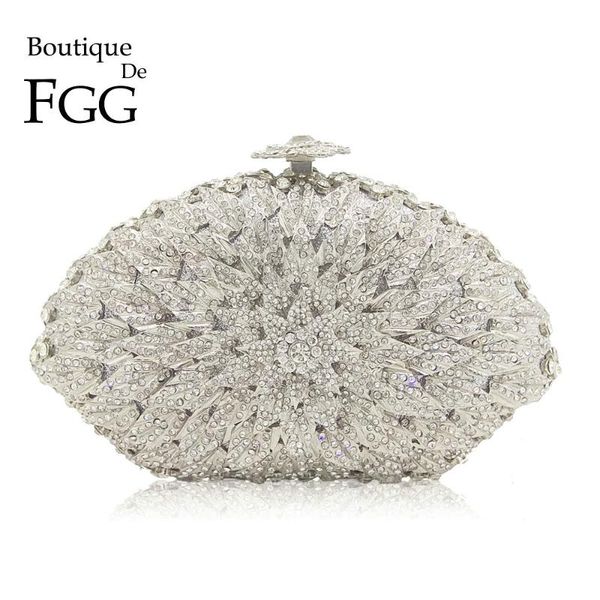 

boutique de fgg elegant flower silver evening bags clutches purses for women formal dinner party rhinestones handbags
