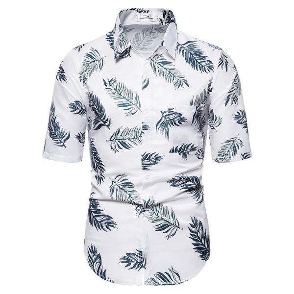 

mens summer fashion beach hawaiian no-iron shirt slim fit short sleeve leaf print shirts casual holiday party clothing, White;black
