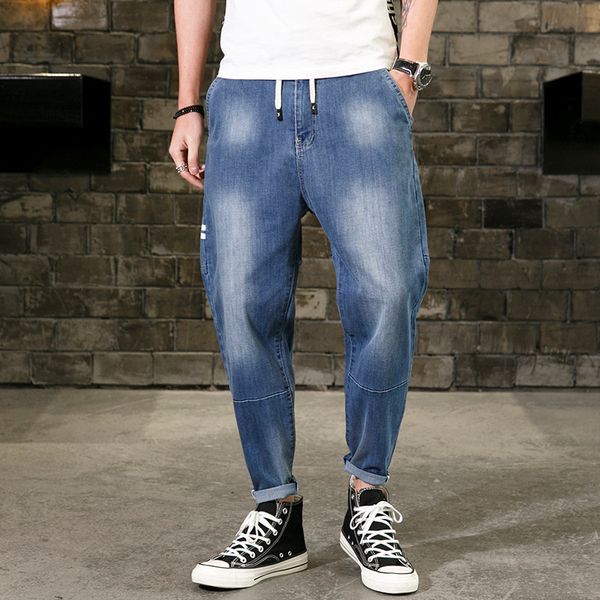

2019 high street fashion men jeans loose fit harem pants blue color punk style hip hop jogger jeans for men spliced pants