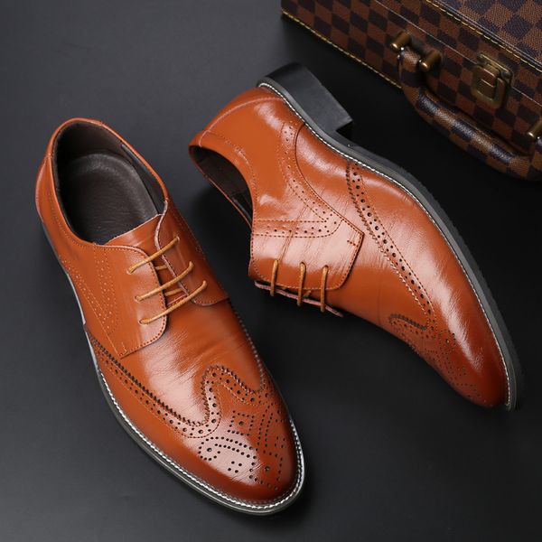

luxury genuine leather men shoes dress summer casual oxfords male brogue shoe breathable lace up flats chaussure homme plus size, Black