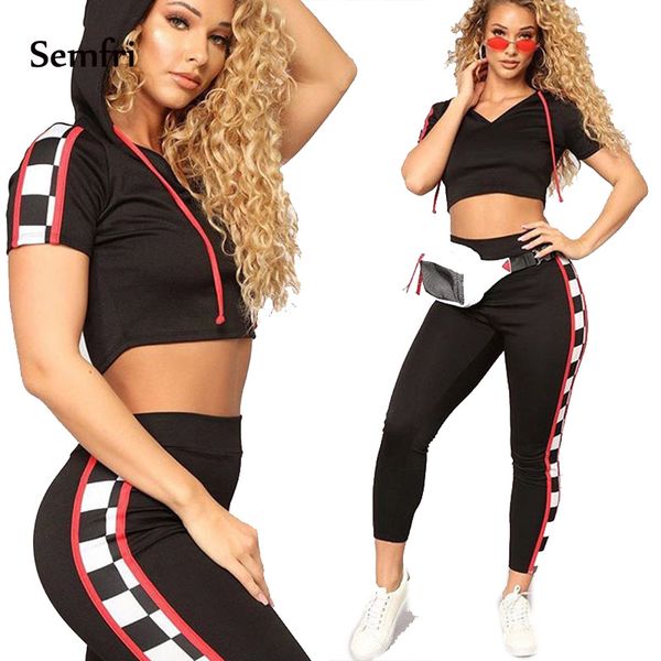 

semfri 2pcs set hoodie suit woman sweatshirt sport crop tot long pants outfit loose fashion clothing 2019 streetwear, Black